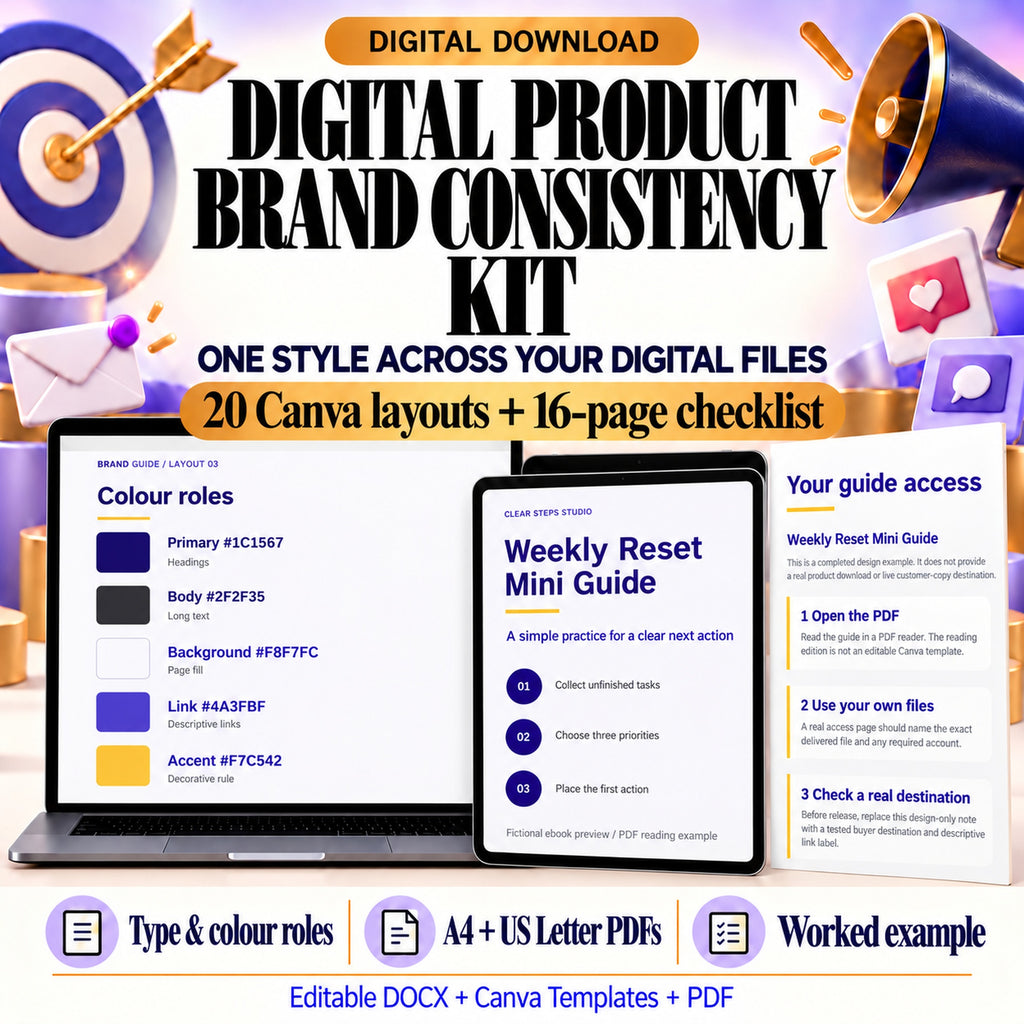 Digital Product Brand Consistency Kit with 20 Canva layouts, a 16-page checklist and ebook, access-page and listing-preview examples.