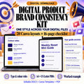 Digital Product Brand Consistency Kit with 20 Canva layouts, a 16-page checklist and ebook, access-page and listing-preview examples.