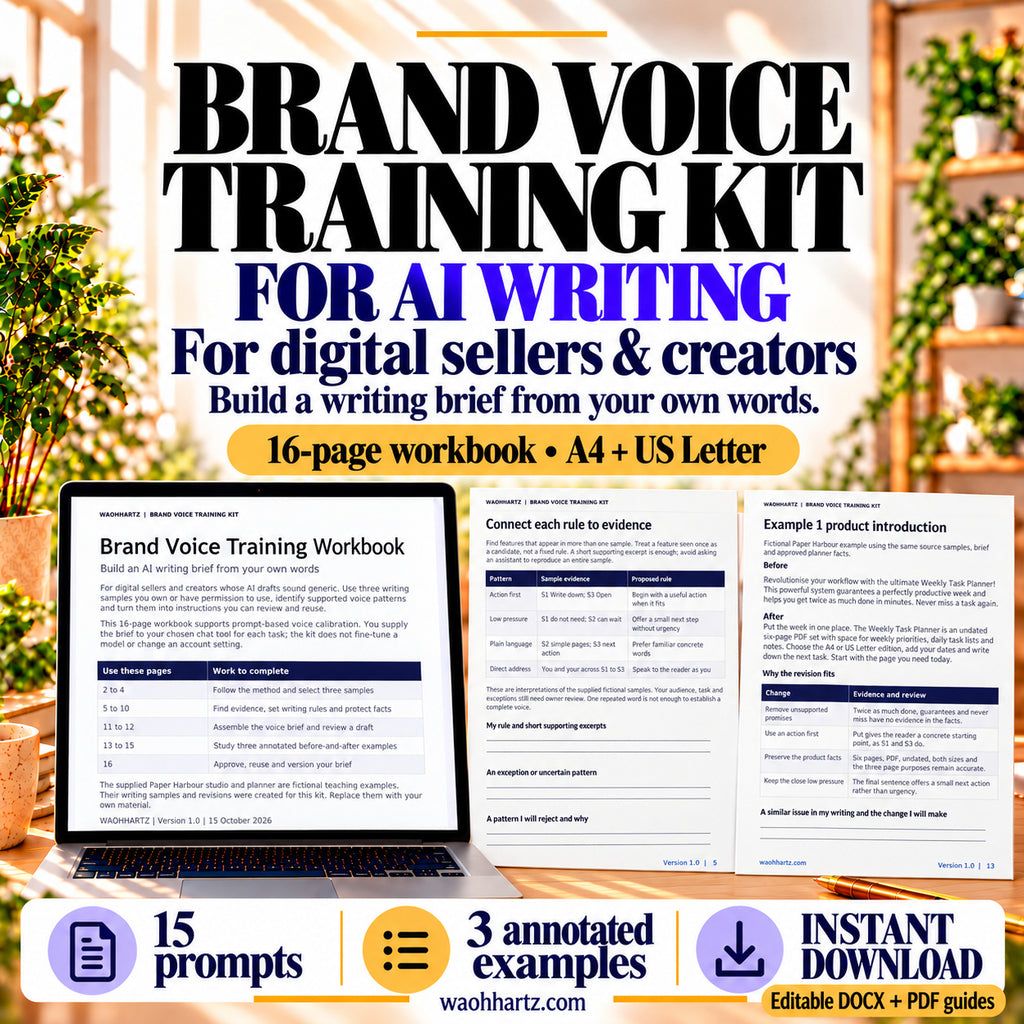 Brand Voice Training Kit for AI Writing with the workbook on a laptop, evidence worksheet and annotated example in a sunlit office.