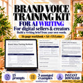 Brand Voice Training Kit for AI Writing with the workbook on a laptop, evidence worksheet and annotated example in a sunlit office.