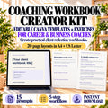 Canva coaching workbook creator kit for career and business coaches with 20 layouts in A4 and US Letter, 15 prompts and five-step workflow.