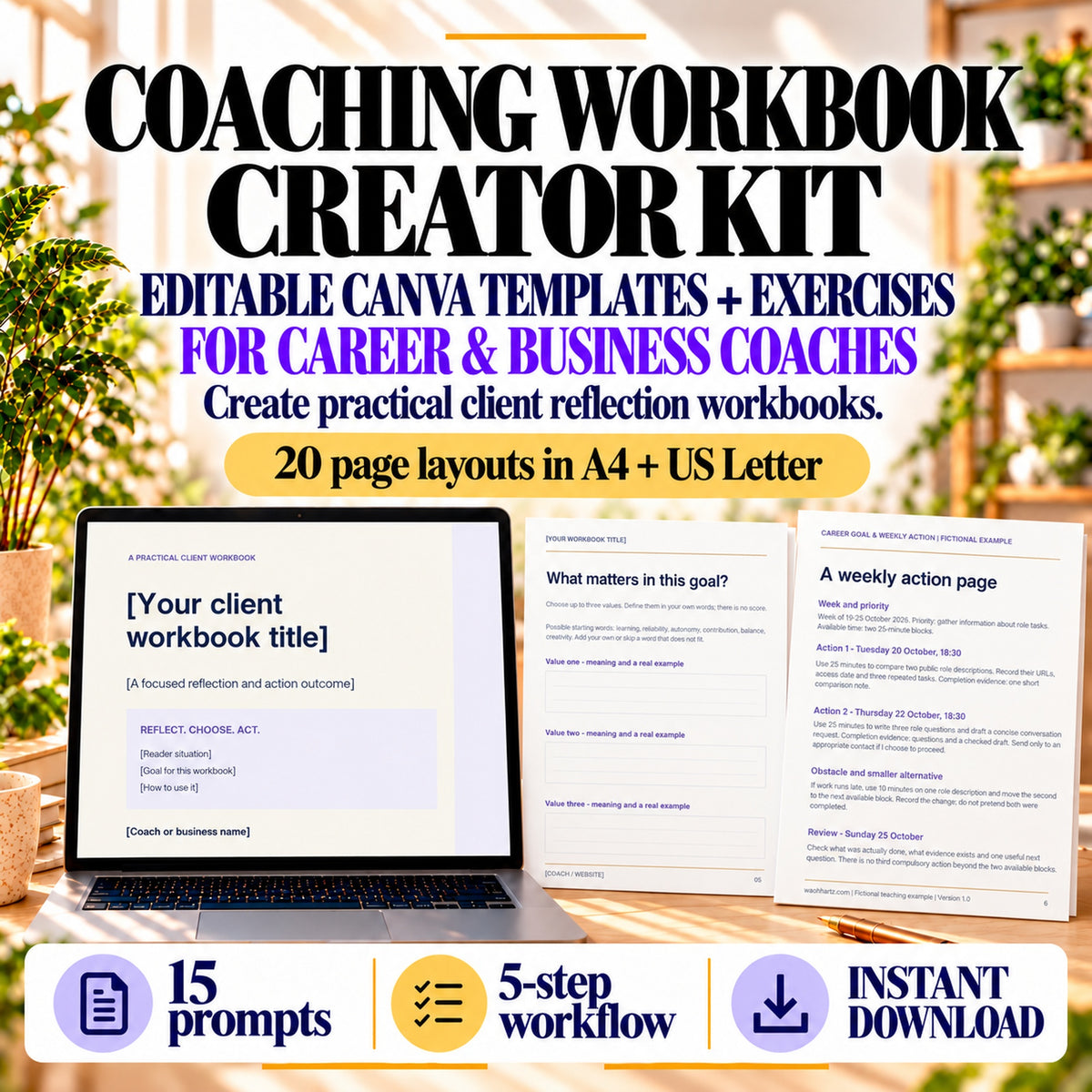 Canva coaching workbook creator kit for career and business coaches with 20 layouts in A4 and US Letter, 15 prompts and five-step workflow.