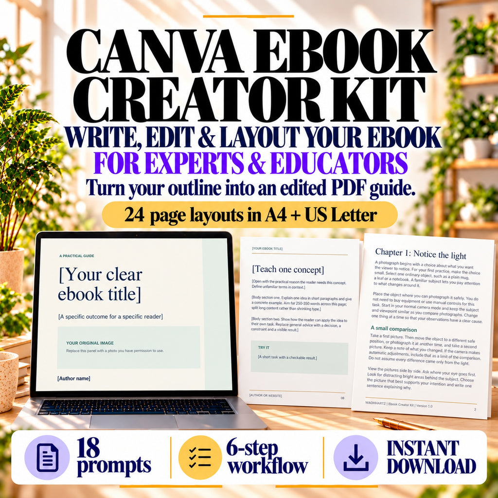 Canva Ebook Creator Kit for Experts and Educators with 24 layouts in A4 and US Letter, 18 prompts and six-step workflow.