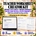 Canva teacher worksheet creator kit for educators with sixteen layouts in A4 and US Letter, eighteen prompts, six-step workflow and checked multiplication example.
