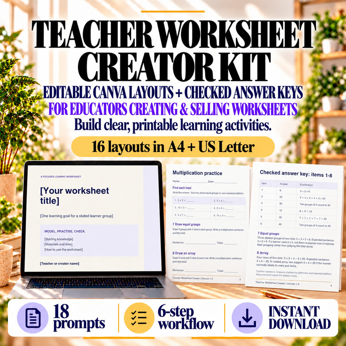 Canva teacher worksheet creator kit for educators with sixteen layouts in A4 and US Letter, eighteen prompts, six-step workflow and checked multiplication example.