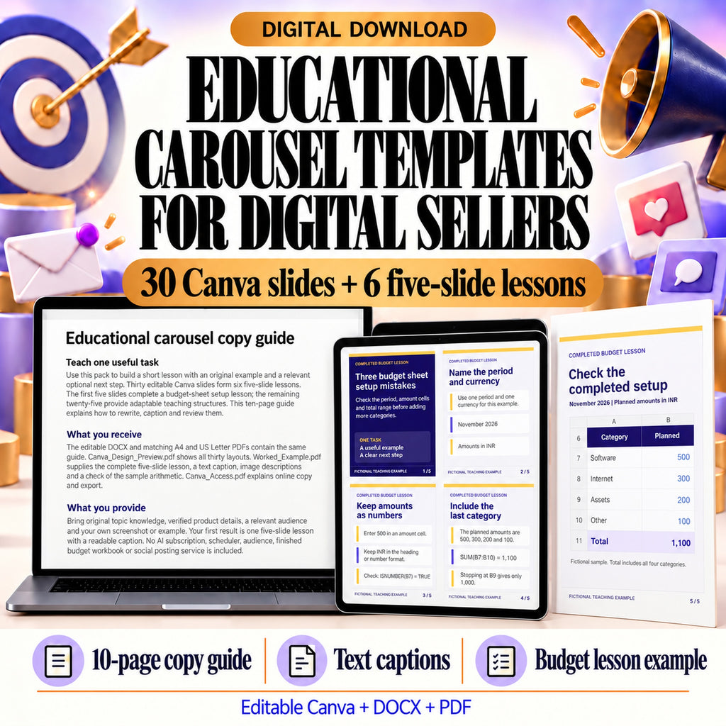 Educational carousel templates for digital sellers with thirty Canva slides across six five-slide lessons and a ten-page copy guide.