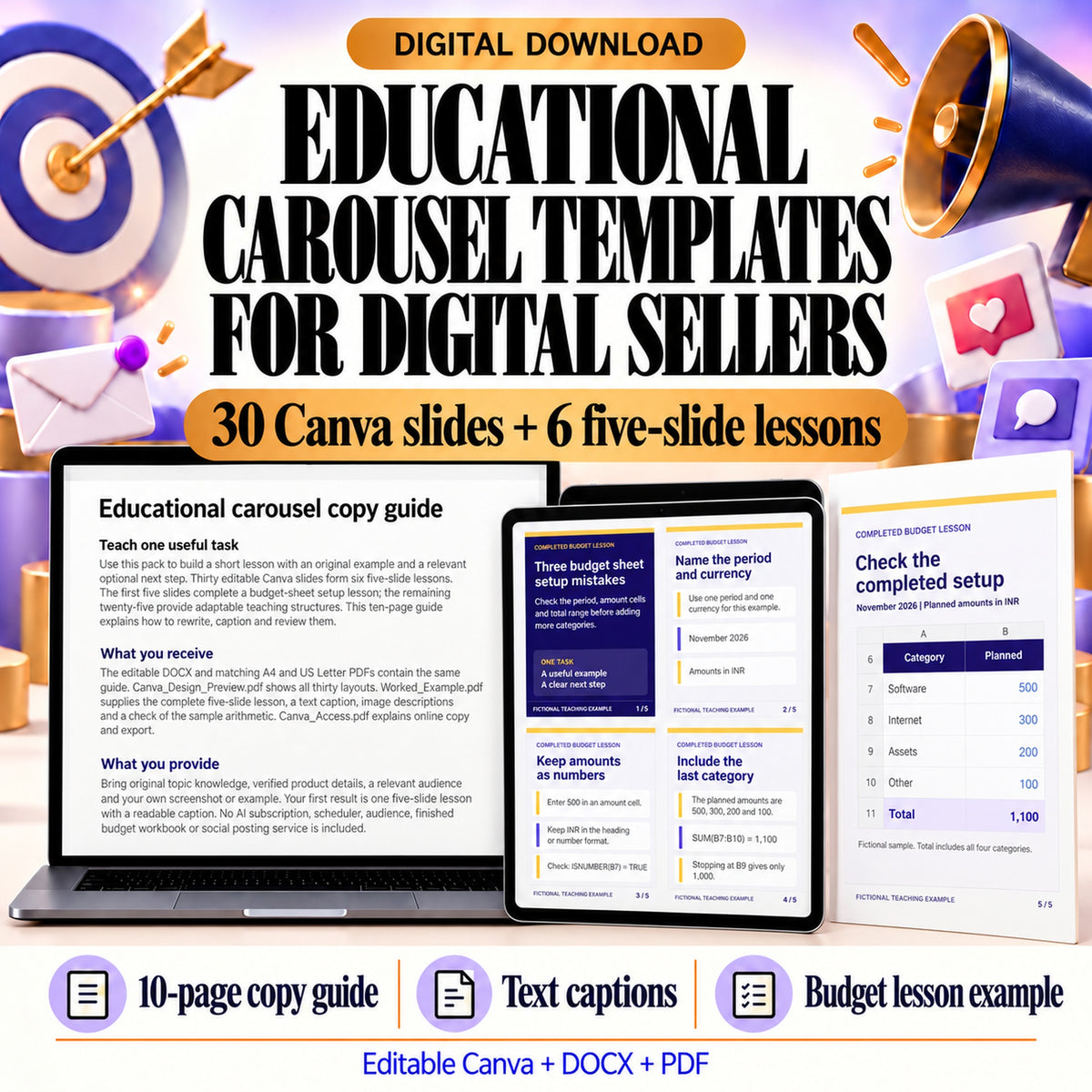 Educational carousel templates for digital sellers with thirty Canva slides across six five-slide lessons and a ten-page copy guide.