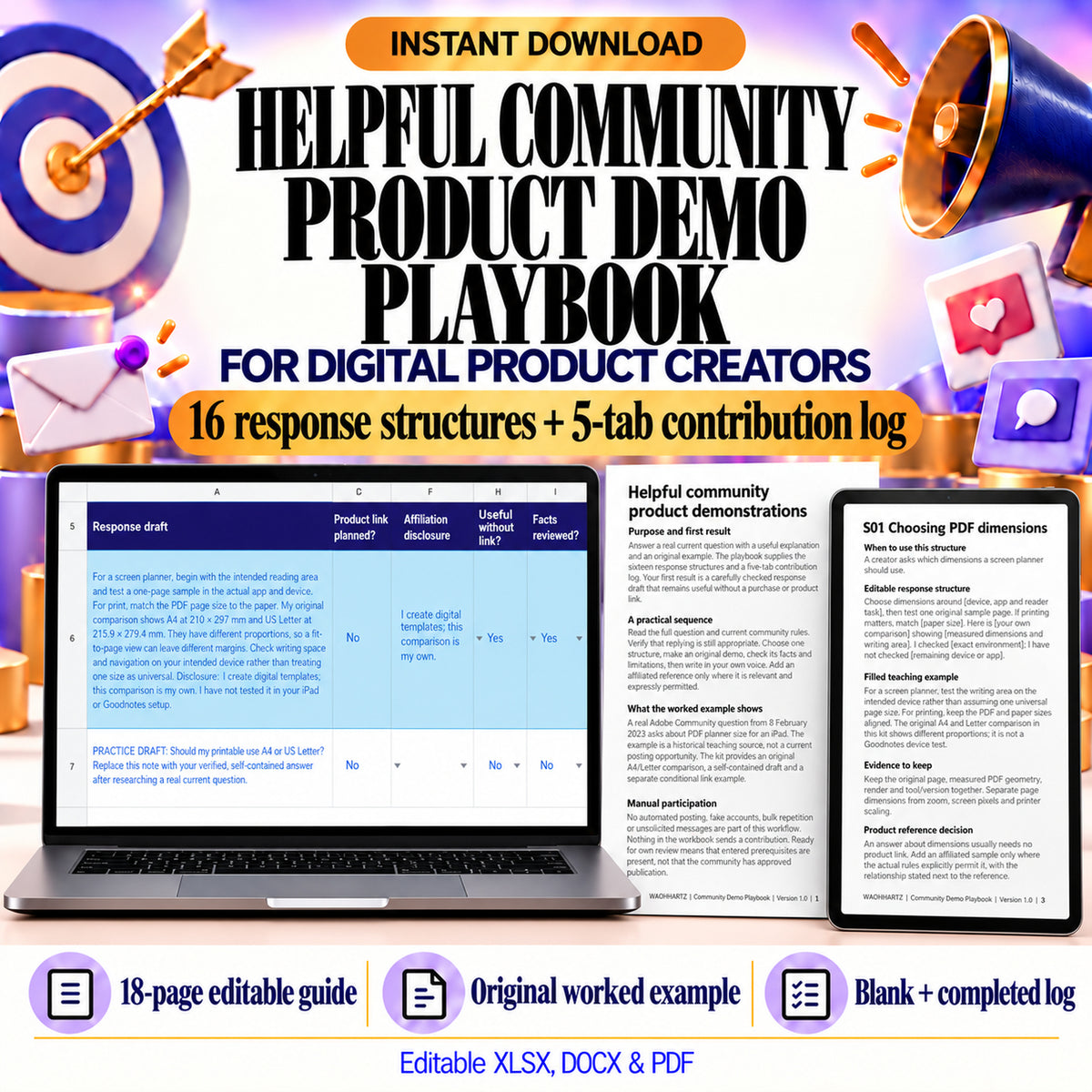 Helpful Community Product Demo Playbook with actual response-log and eighteen-page guide previews, in editable XLSX, DOCX and PDF.