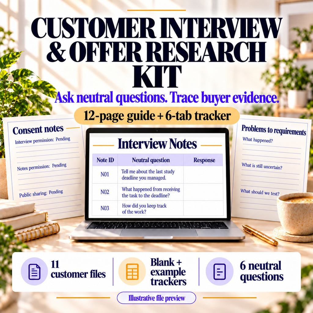 Customer Interview and Offer Research Kit with a 12-page guide, six-tab tracker and blank buyer response fields