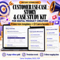 Customer Use-Case Story and Case Study Kit with eight interview templates, twelve Canva layouts and a fourteen-page evidence guide in Canva, DOCX and PDF formats.