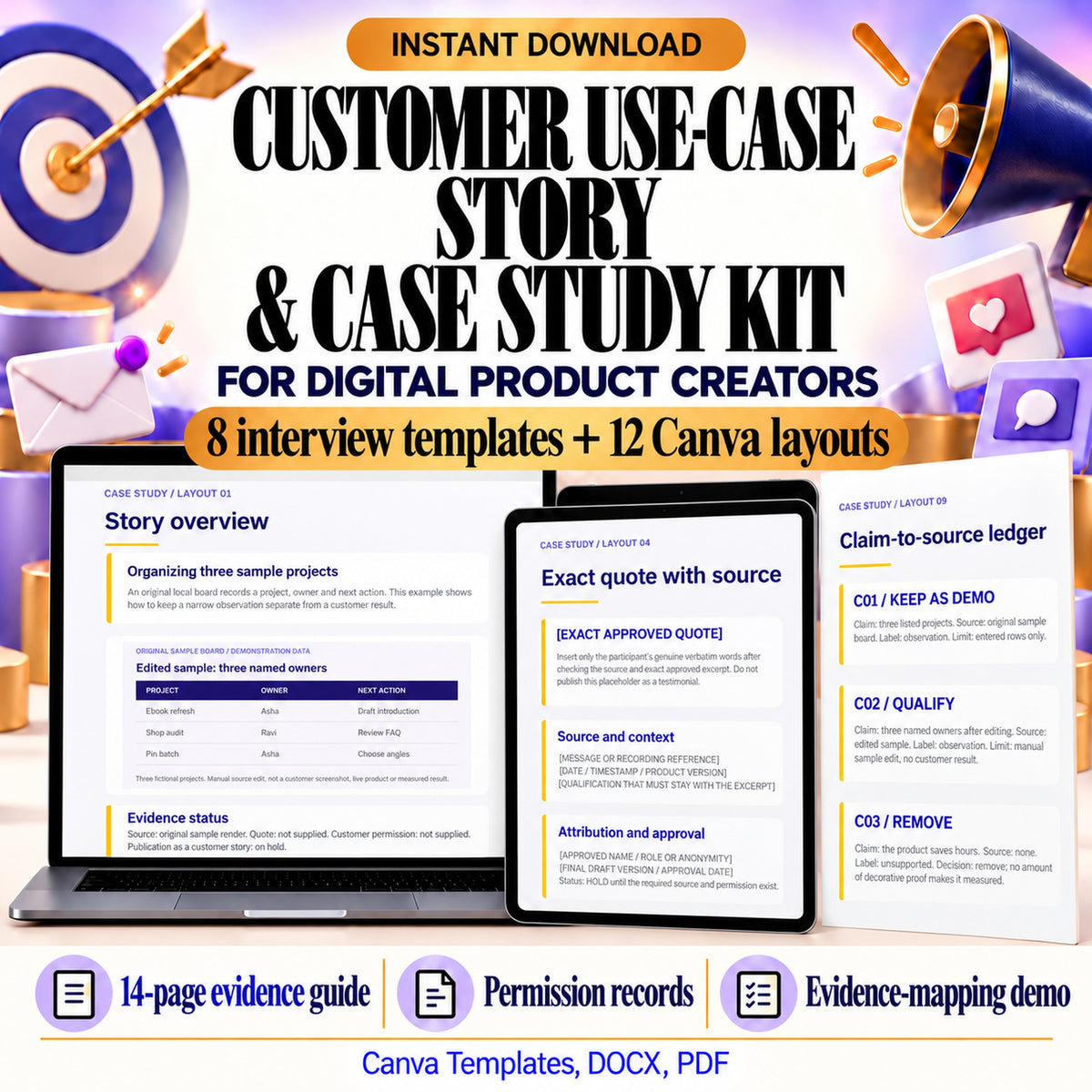 Customer Use-Case Story and Case Study Kit with eight interview templates, twelve Canva layouts and a fourteen-page evidence guide in Canva, DOCX and PDF formats.