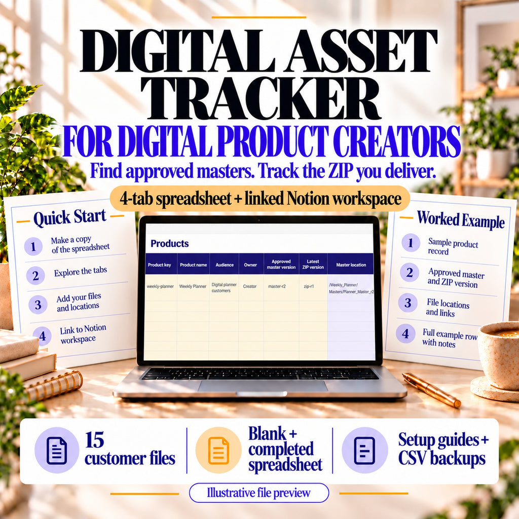 Digital asset tracker for digital product creators: find approved masters and track delivered ZIP versions