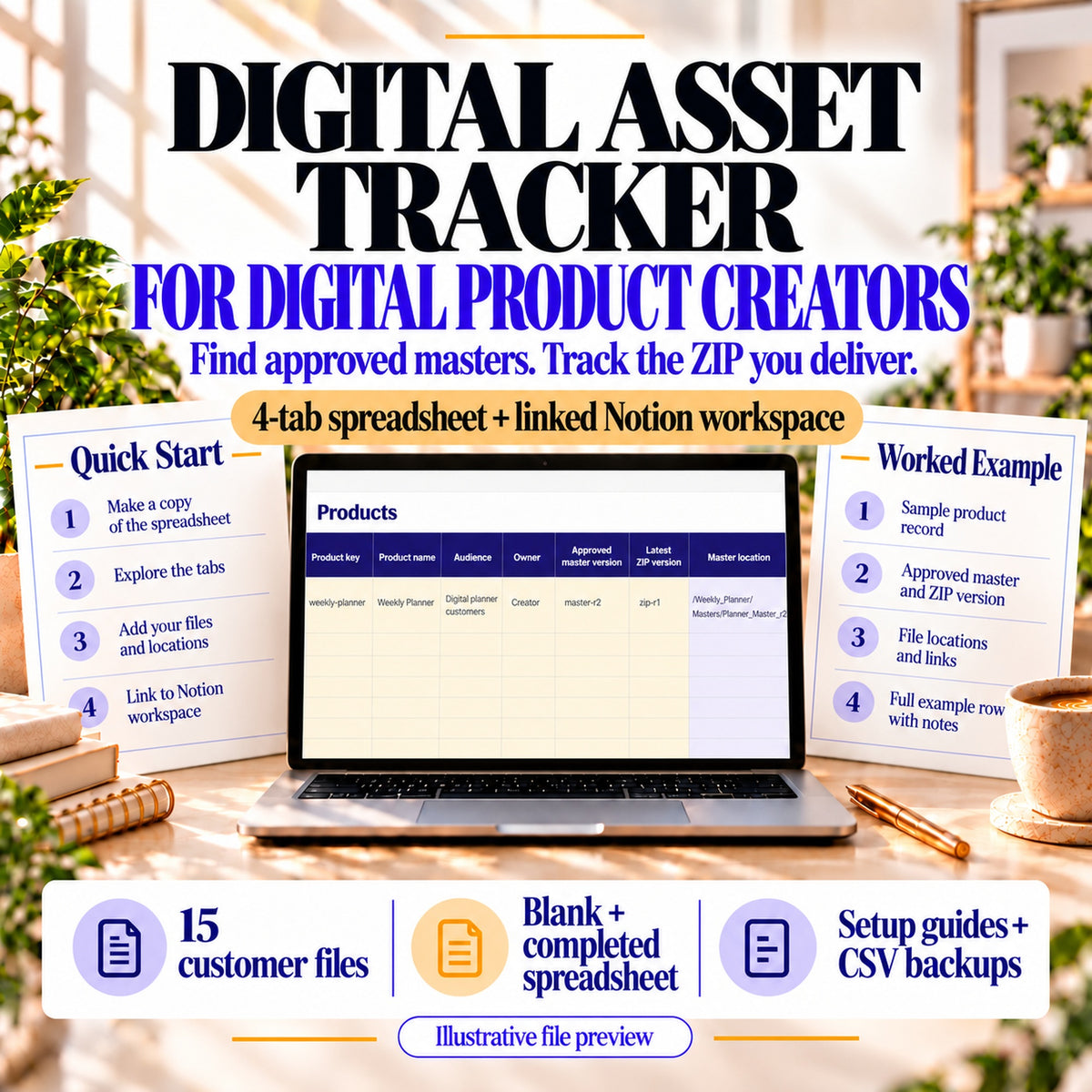 Digital asset tracker for digital product creators: find approved masters and track delivered ZIP versions