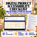 Digital Product Accessibility Checklist for creators and template sellers. Review readability, log issues and retest fixes. Includes an 18-page checklist, five-tab tracker, blank and completed workbooks and 11 customer files. Instant download.