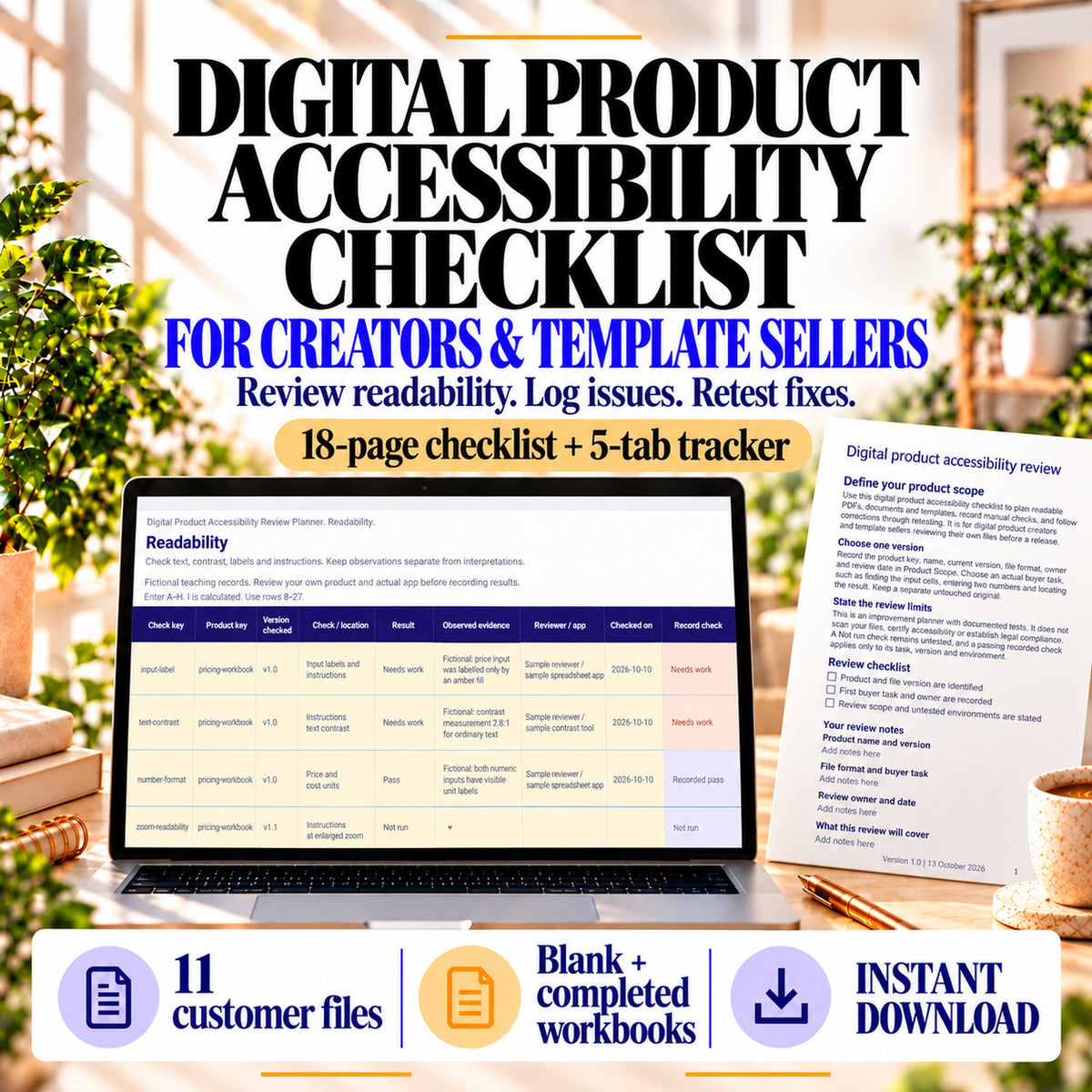 Digital Product Accessibility Checklist for creators and template sellers. Review readability, log issues and retest fixes. Includes an 18-page checklist, five-tab tracker, blank and completed workbooks and 11 customer files. Instant download.