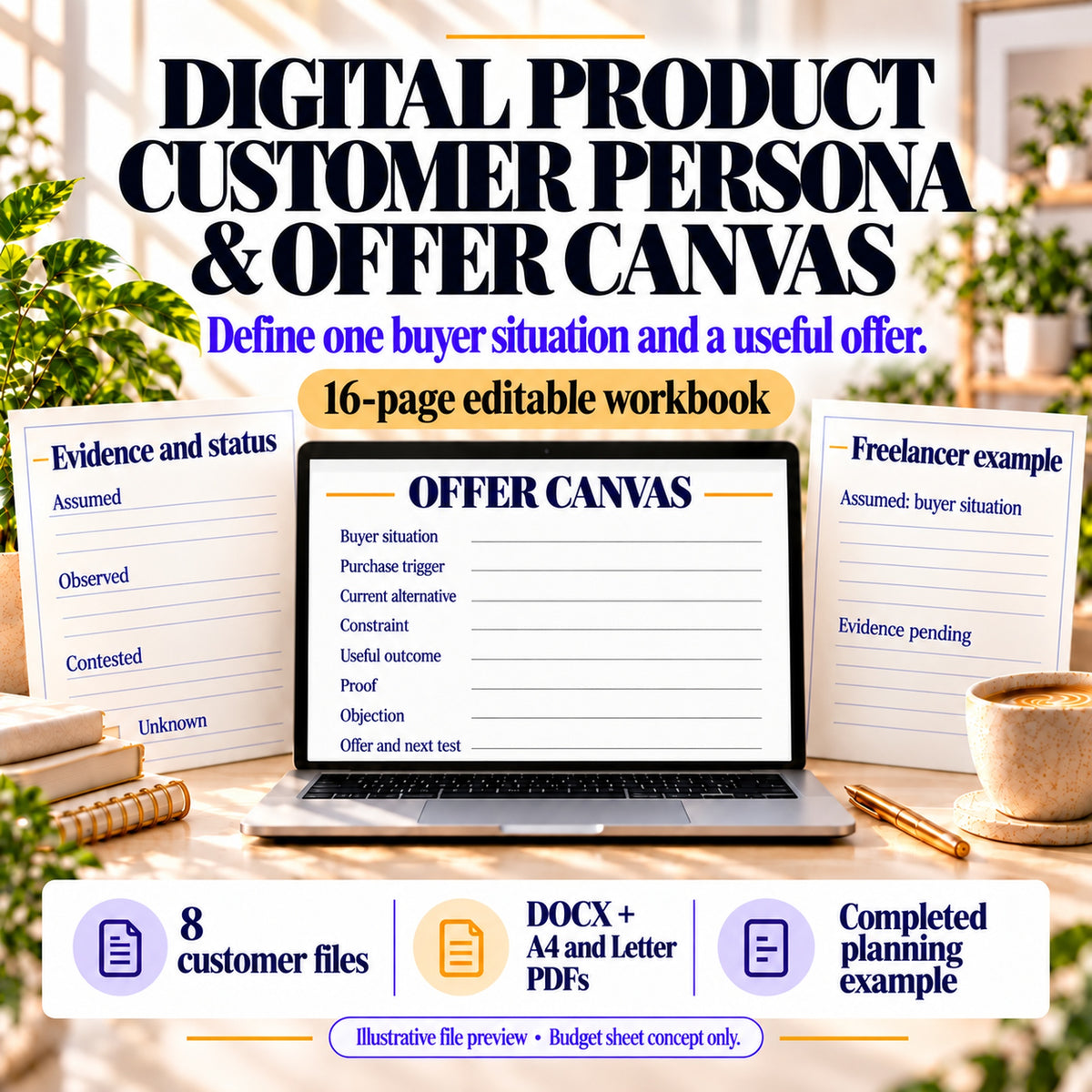 Digital product customer persona template and offer canvas with a 16-page workbook and eight customer files