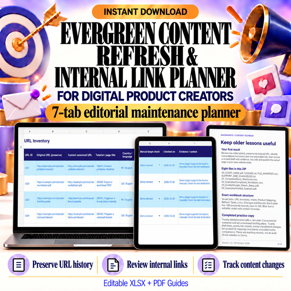 Evergreen content refresh and internal link planner with actual URL inventory, link review and quickstart previews.