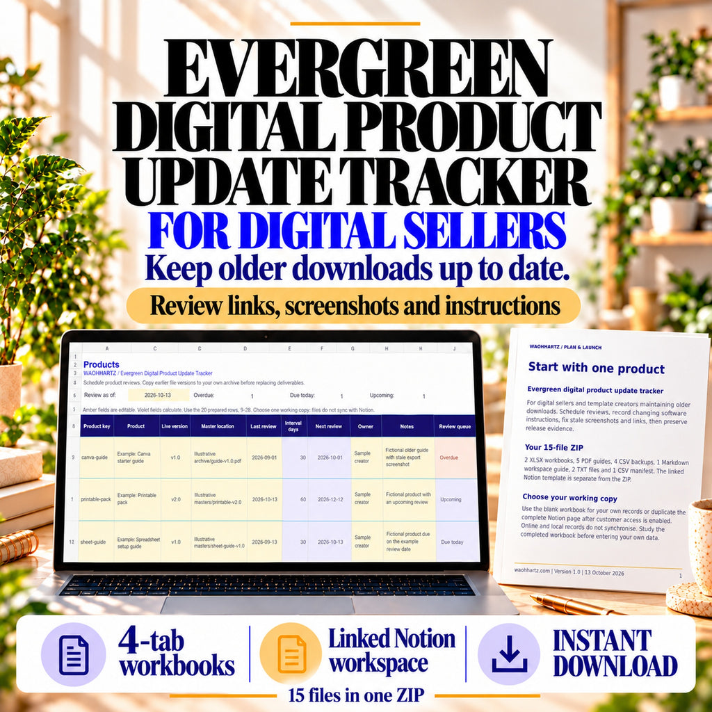 Evergreen digital product update tracker for digital sellers, with actual workbook and quick-start guide previews.