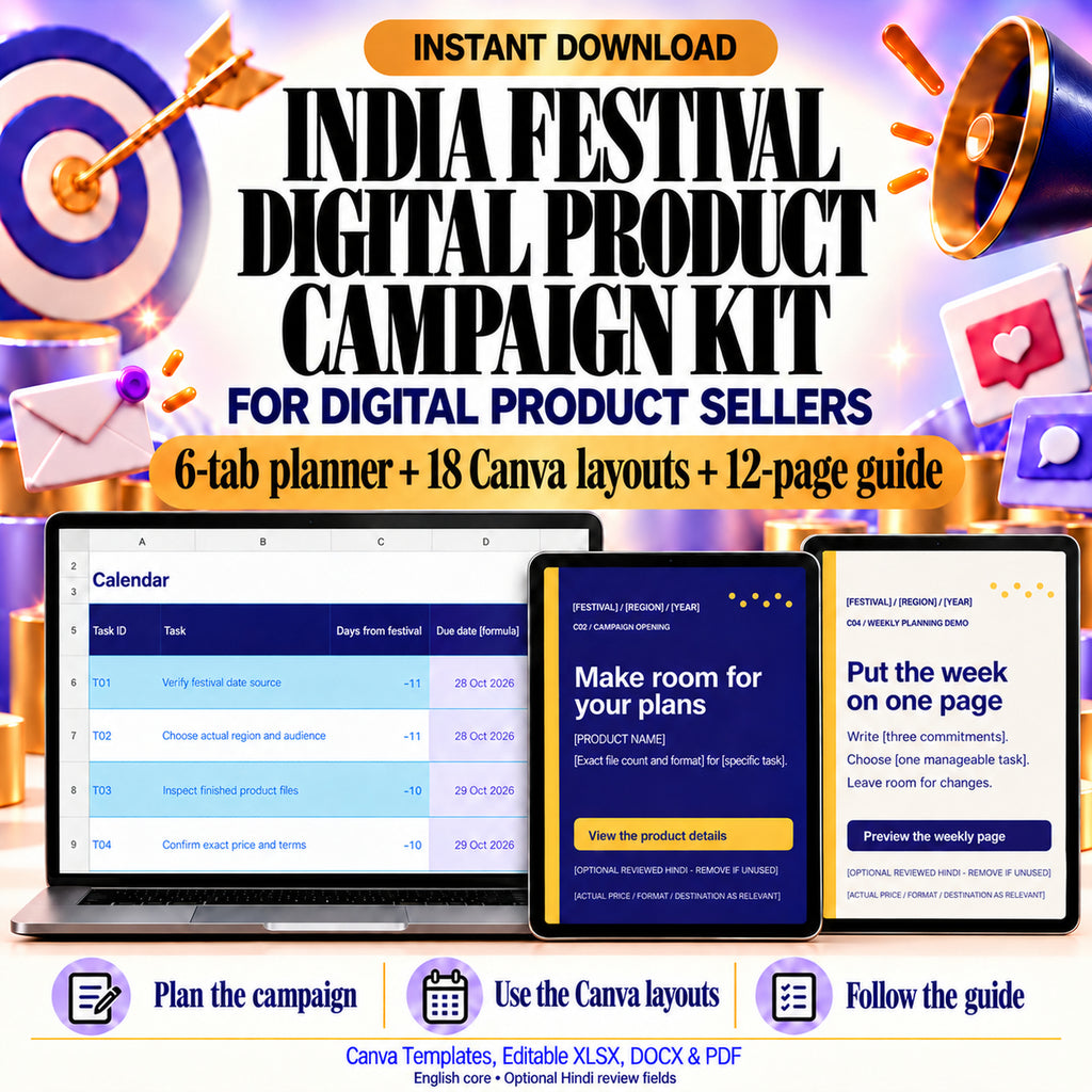 India Festival Digital Product Campaign Kit showing the six-tab calendar and two actual editable Canva layouts.