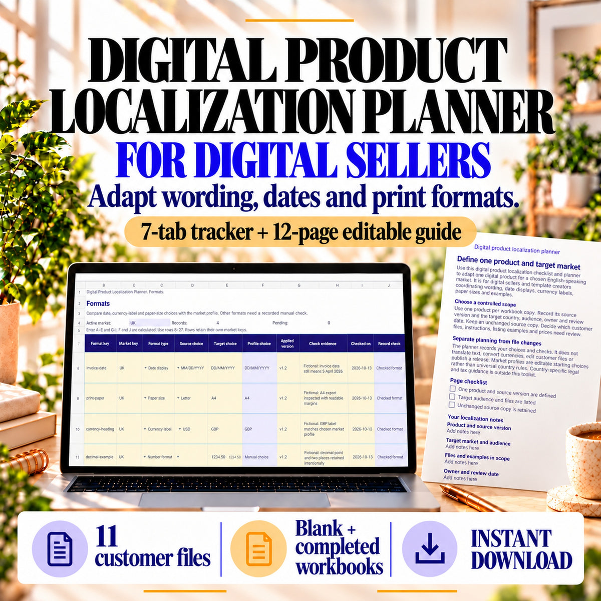 Digital product localization planner for digital sellers, showing a seven-tab tracker and 12-page editable guide.