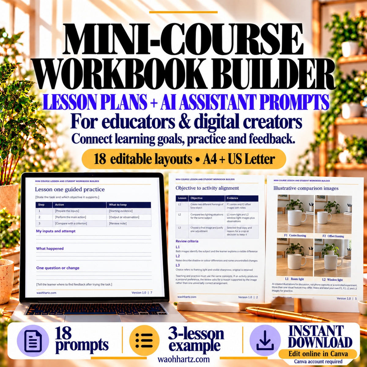 Mini-Course Workbook Builder for educators with a guided-practice layout, objective alignment map and illustrative smartphone-photo example.