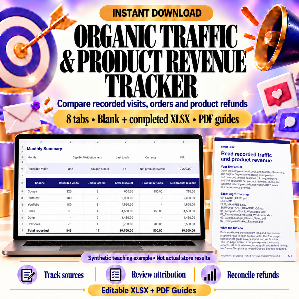 Organic Traffic and Product Revenue Tracker with an actual monthly summary and PDF quickstart; eight-tab editable XLSX, synthetic teaching example.
