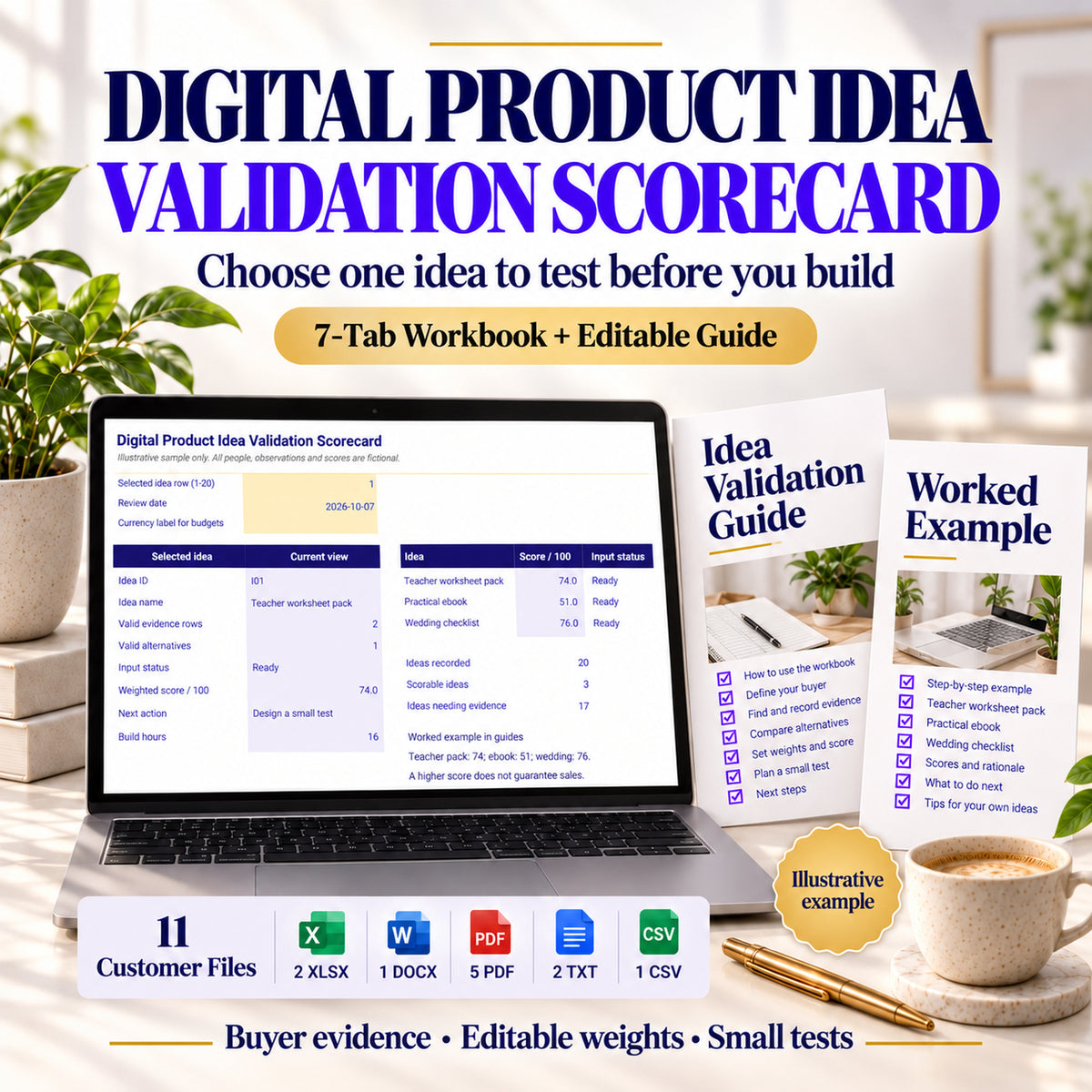 Digital Product Idea Validation Scorecard with seven tabs, worked example and editable guides