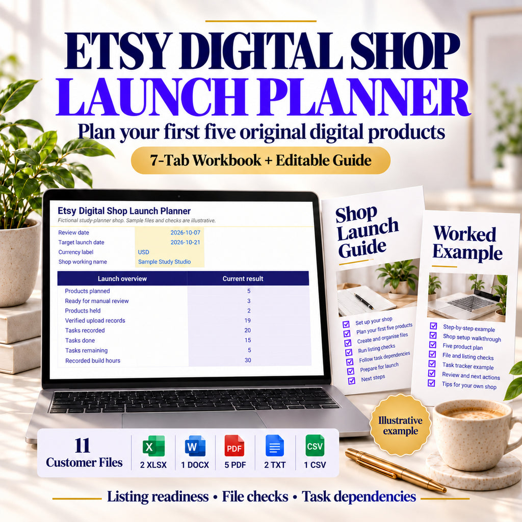 Etsy Digital Shop Launch Planner seven-tab workbook and editable guide, showing the fictional five-product launch example.