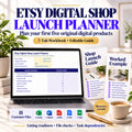 Etsy Digital Shop Launch Planner seven-tab workbook and editable guide, showing the fictional five-product launch example.