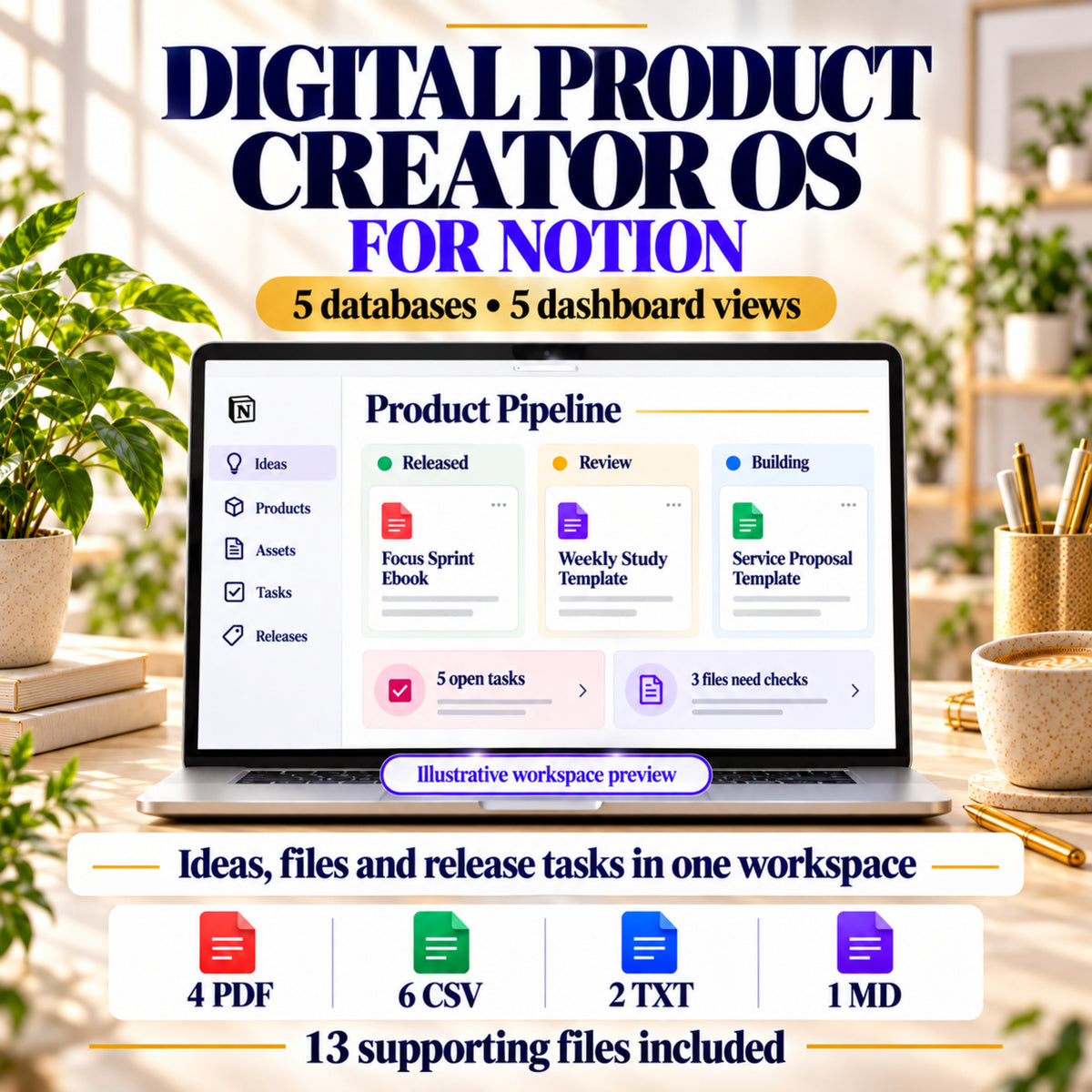 Digital Product Creator OS for Notion: illustrative workspace preview with three sample products, five databases, five dashboard views and 13 supporting files.