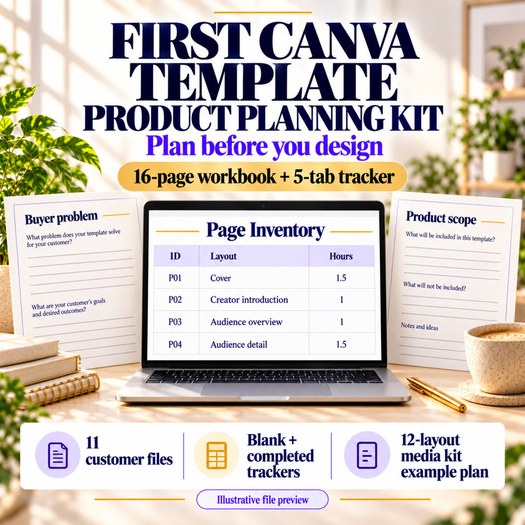 First Canva Template Product Planning Kit with illustrative workbook and Page Inventory preview, 16 pages and five spreadsheet tabs.