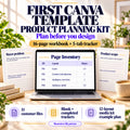 First Canva Template Product Planning Kit with illustrative workbook and Page Inventory preview, 16 pages and five spreadsheet tabs.