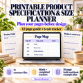 Printable Product Specification and Size Planner with illustrative worksheets and Page Map preview; 12-page guide and six-tab tracker.