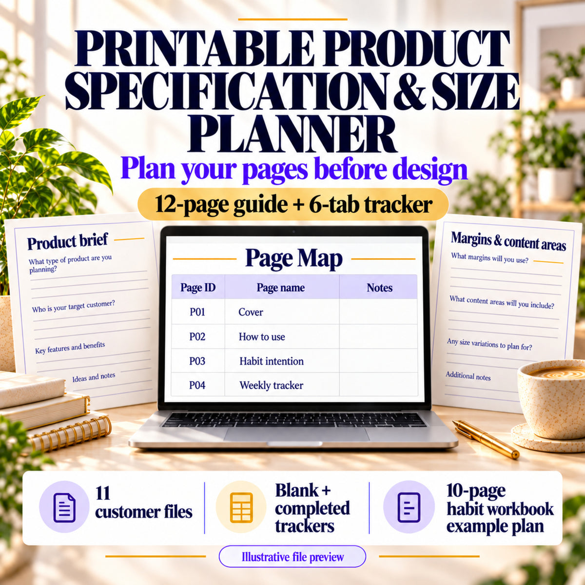 Printable Product Specification and Size Planner with illustrative worksheets and Page Map preview; 12-page guide and six-tab tracker.