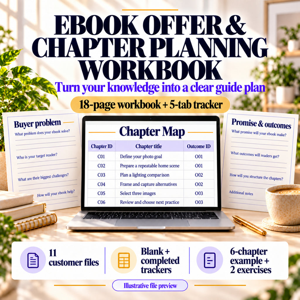 Ebook offer and chapter planning workbook with an 18-page workbook, five-tab tracker and six-chapter example; illustrative file preview.