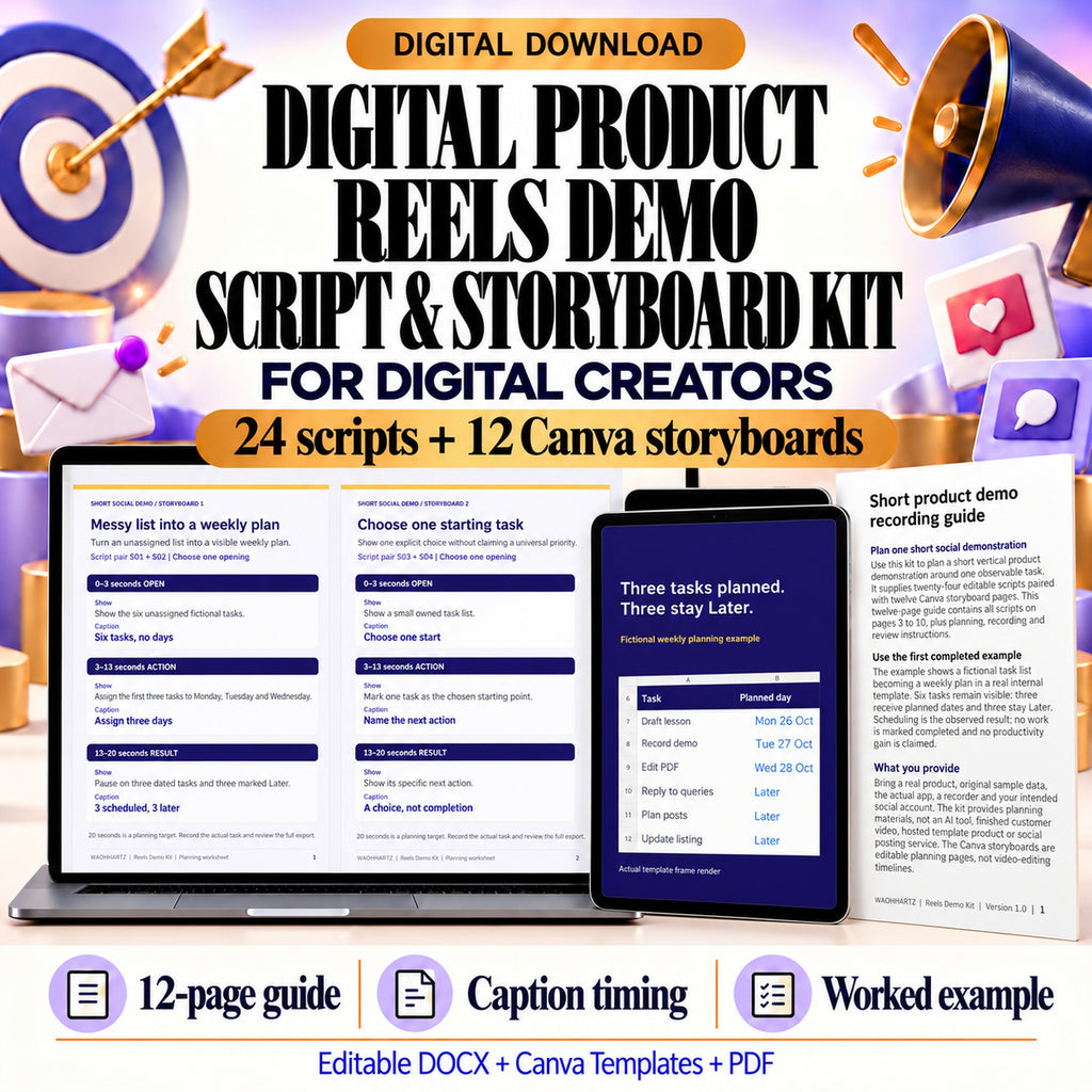 Digital product reels demo kit with twenty-four scripts, twelve Canva storyboard plans and a twelve-page guide in editable DOCX, Canva templates and PDF.
