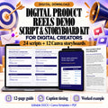Digital product reels demo kit with twenty-four scripts, twelve Canva storyboard plans and a twelve-page guide in editable DOCX, Canva templates and PDF.