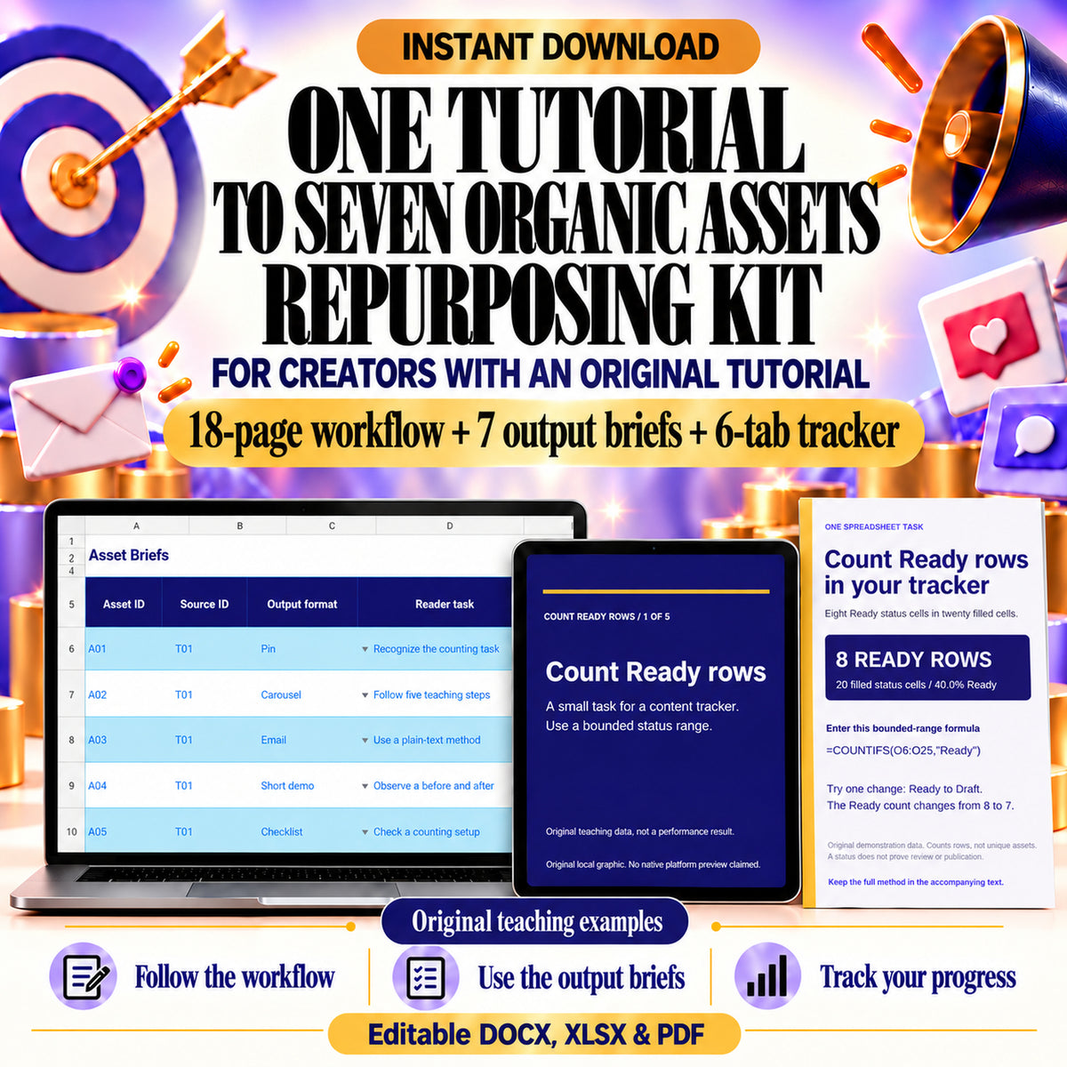 One Tutorial to Seven Organic Assets Repurposing Kit with actual six-tab tracker excerpt and original pin and carousel teaching examples; editable DOCX, XLSX and PDF.