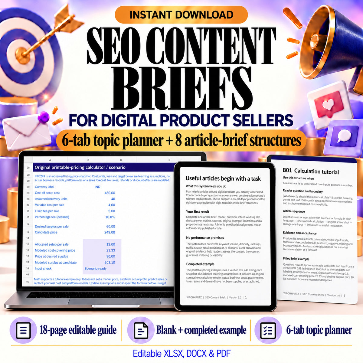 SEO Content Briefs for Digital Product Sellers with six-tab planner, eight brief structures and 18-page editable guide