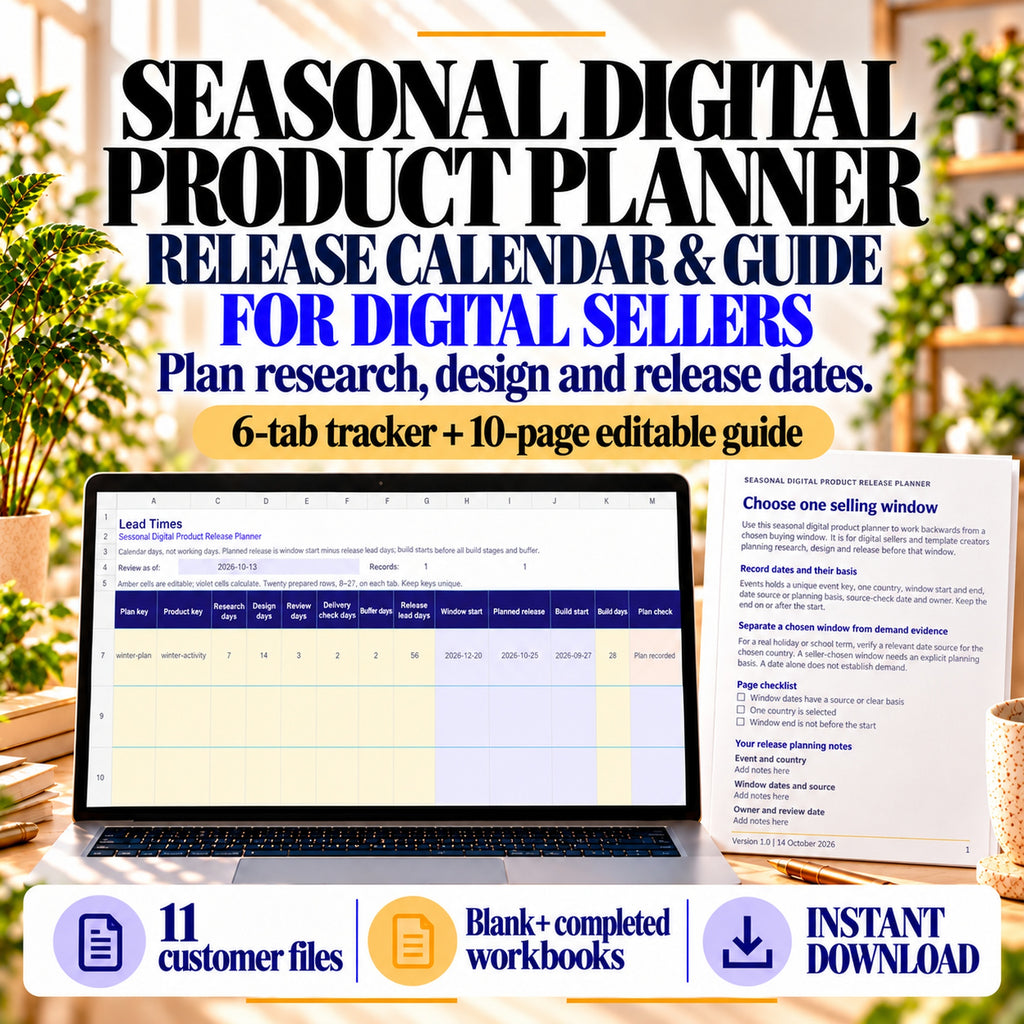 Seasonal digital product planner for digital sellers, with a six-tab tracker and ten-page release-planning guide.