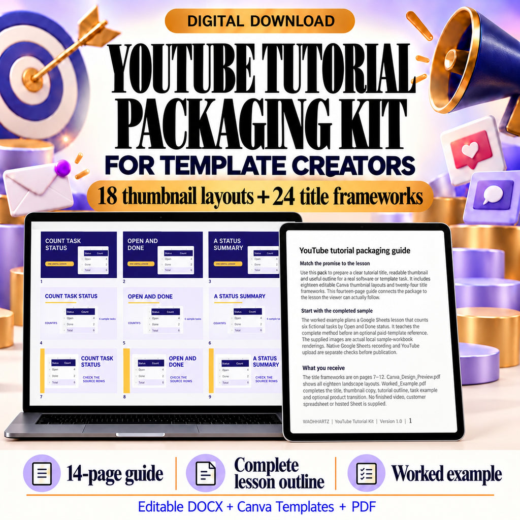 YouTube tutorial packaging kit with eighteen Canva thumbnail layouts, twenty-four title frameworks and a fourteen-page guide in editable DOCX, Canva templates and PDF.