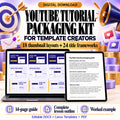 YouTube tutorial packaging kit with eighteen Canva thumbnail layouts, twenty-four title frameworks and a fourteen-page guide in editable DOCX, Canva templates and PDF.