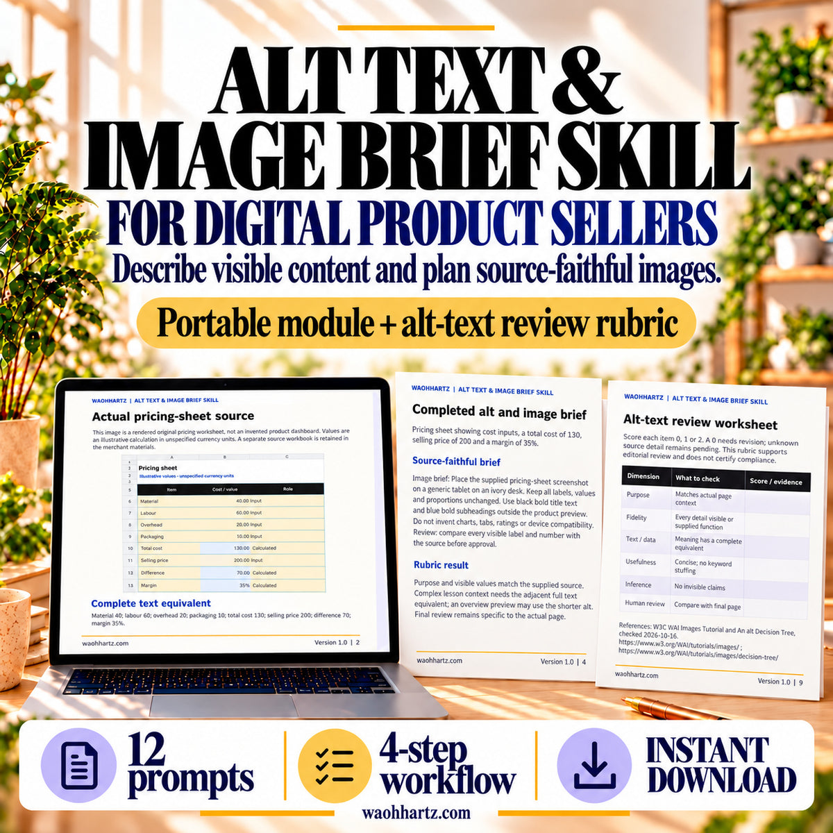 Alt Text and Image Brief Skill for digital product sellers, with a portable module and review rubric, 12 prompts and a four-step workflow; actual source and worked-example pages are shown.