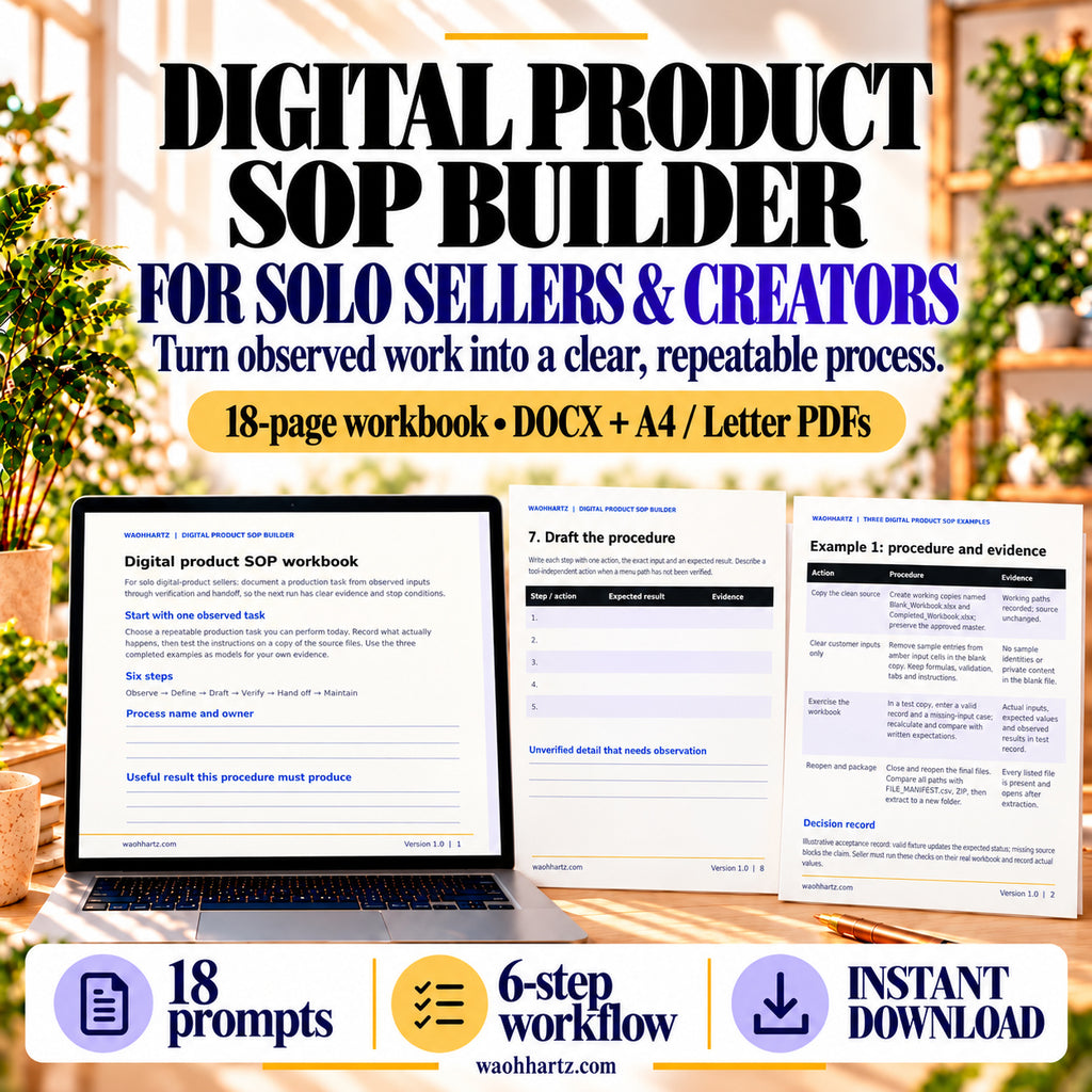 Digital Product SOP Builder with an 18-page editable DOCX workbook, A4 and US Letter PDFs, 18 prompts and a six-step workflow; laptop and paper previews on a sunlit desk.