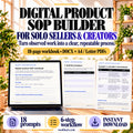 Digital Product SOP Builder with an 18-page editable DOCX workbook, A4 and US Letter PDFs, 18 prompts and a six-step workflow; laptop and paper previews on a sunlit desk.