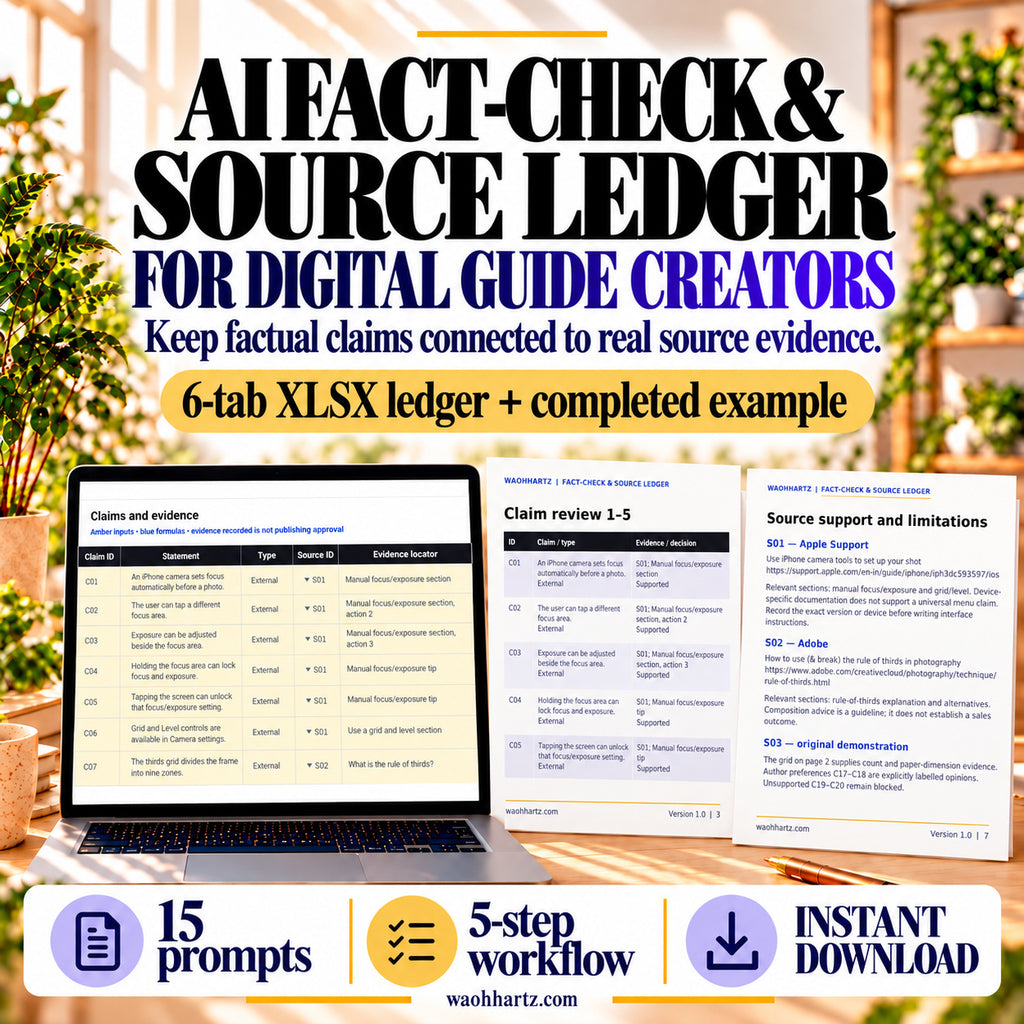 AI Fact-Check and Source Ledger for digital guide creators, showing the six-tab XLSX claims ledger and two different evidence-review pages; 15 prompts and a five-step workflow.