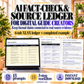 AI Fact-Check and Source Ledger for digital guide creators, showing the six-tab XLSX claims ledger and two different evidence-review pages; 15 prompts and a five-step workflow.