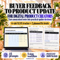 Buyer Feedback to Product Update workflow, showing a six-tab XLSX tracker and two planned fix briefs, with 15 prompts and a five-step workflow; spreadsheet and evidence pages are previewed.