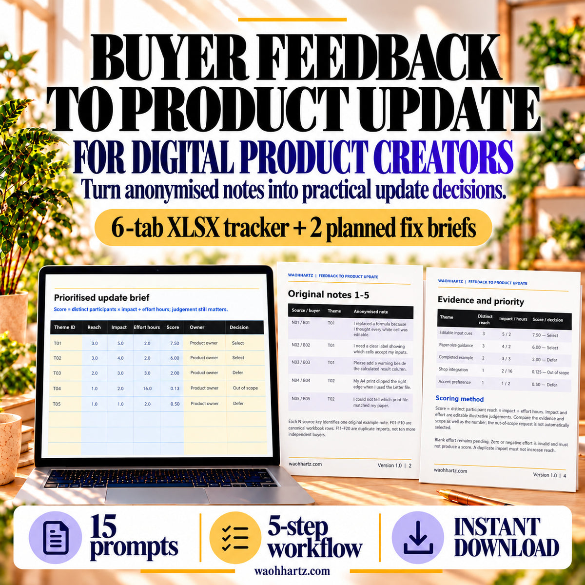 Buyer Feedback to Product Update workflow, showing a six-tab XLSX tracker and two planned fix briefs, with 15 prompts and a five-step workflow; spreadsheet and evidence pages are previewed.