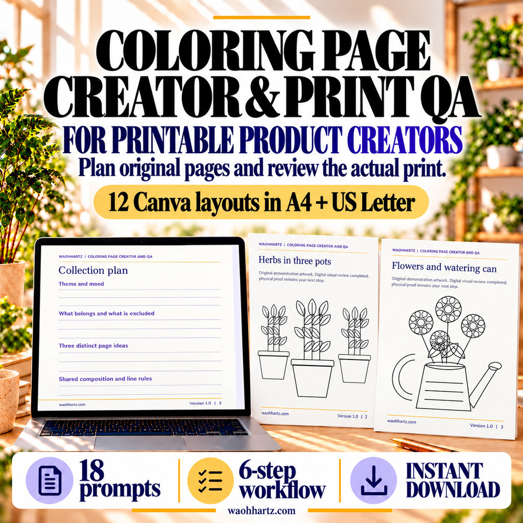 Coloring Page Creator and Print QA kit with 12 Canva layouts in A4 and US Letter, 18 prompts and a six-step workflow; collection-plan, potted-herb and watering-can example pages are shown.